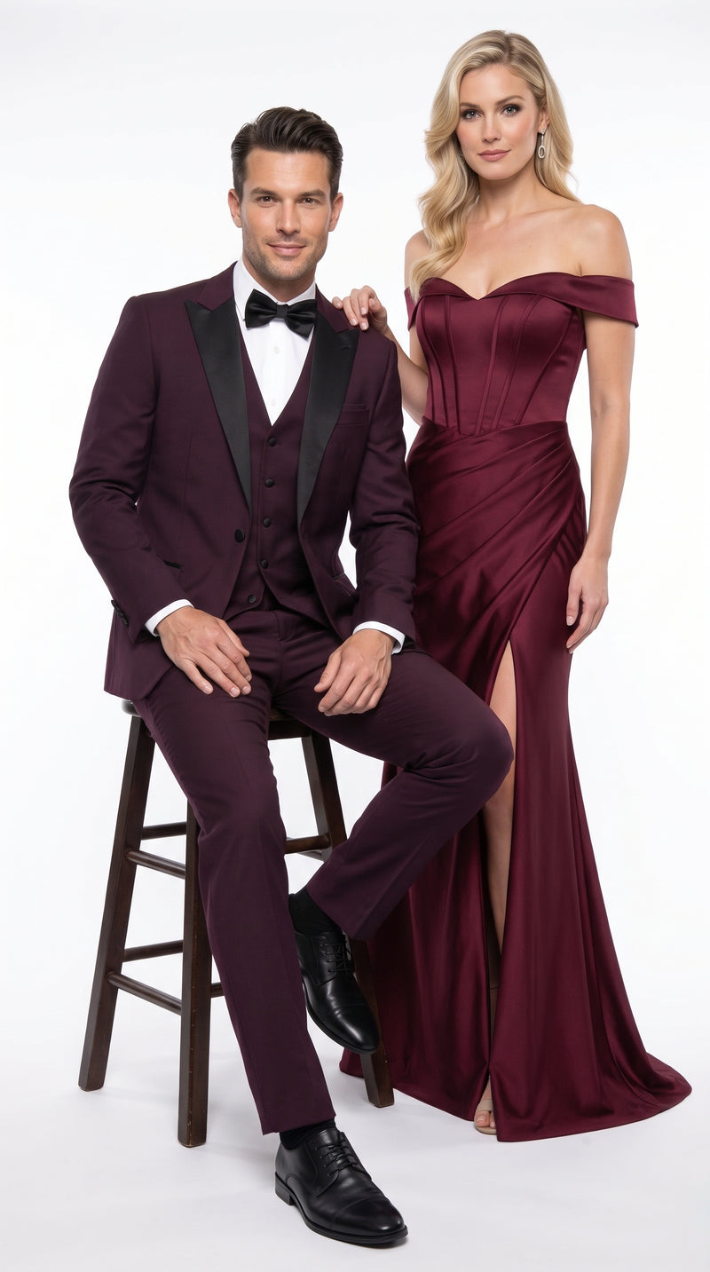 Alberto Men’s Burgundy 1 Button Peak Lapel Tuxedo, Formal Wedding Prom Dinner Suit