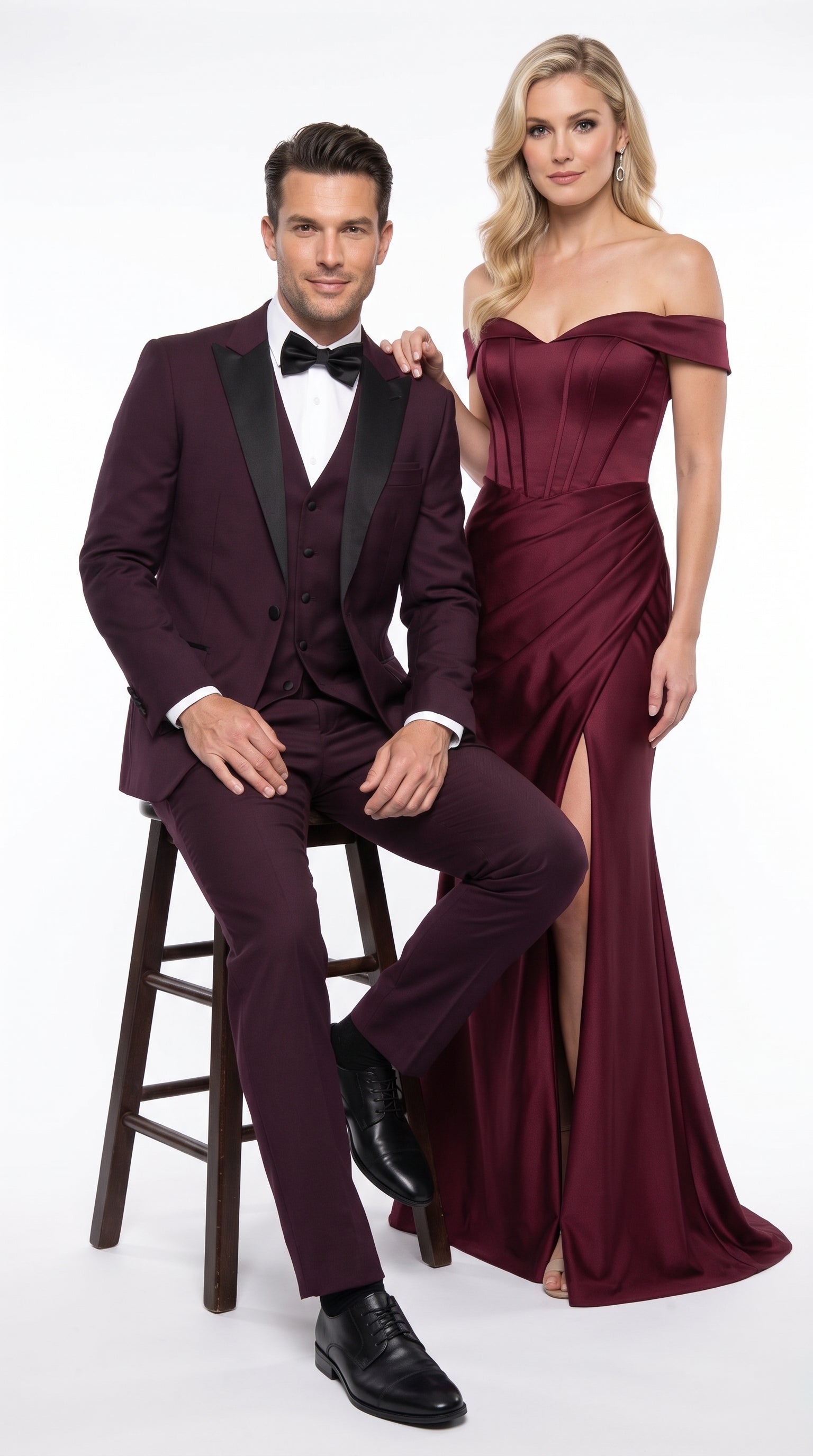 Alberto Men’s Burgundy 1 Button Peak Lapel Tuxedo, Formal Wedding Prom Dinner Suit