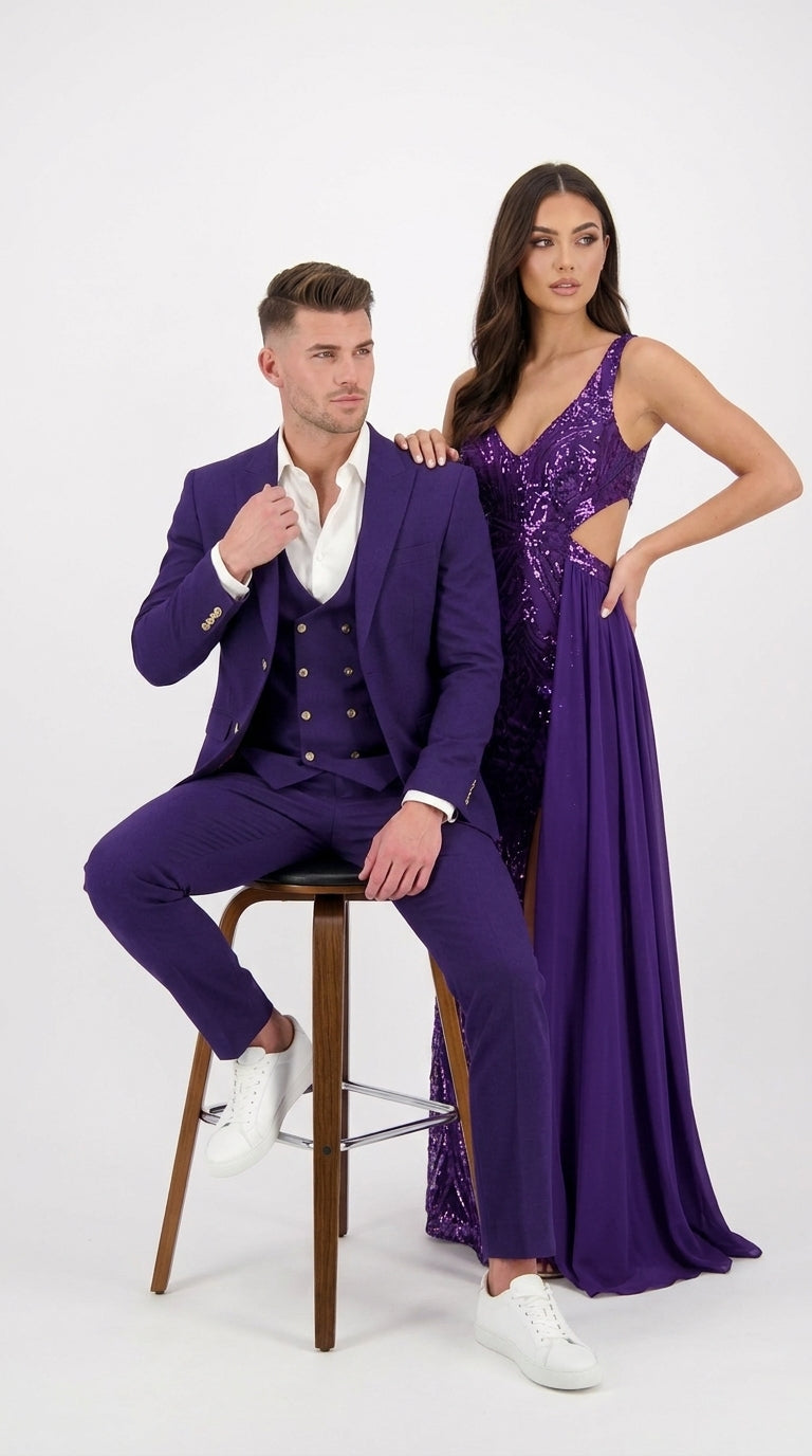 Men’s Purple and Gold 3 Piece Suit, Modern Fit Peak Lapel Wedding Prom Dress Suit