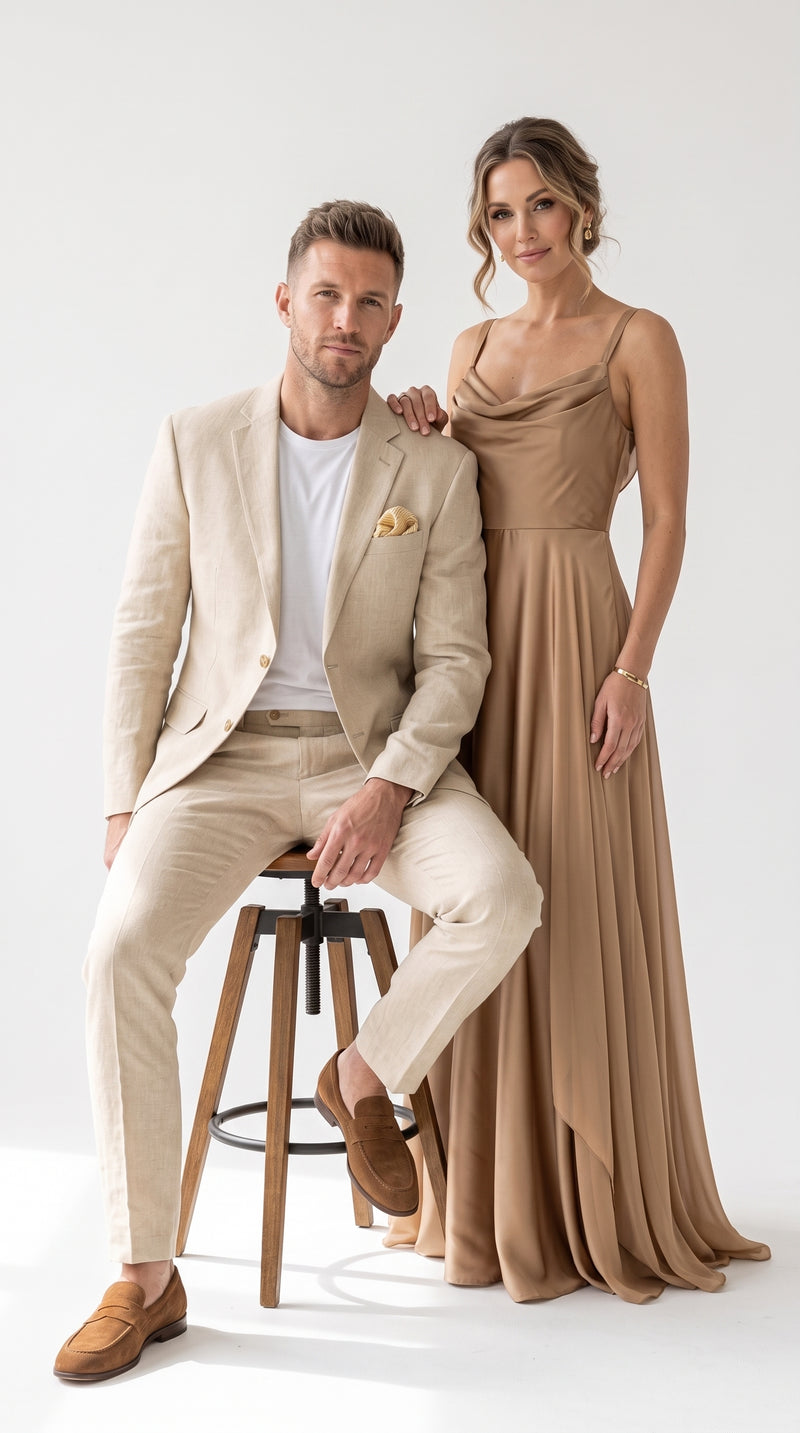 Men’s Tan Linen Blend 2 Piece Suit, Modern Fit Notch Lapel Summer Wedding Suit