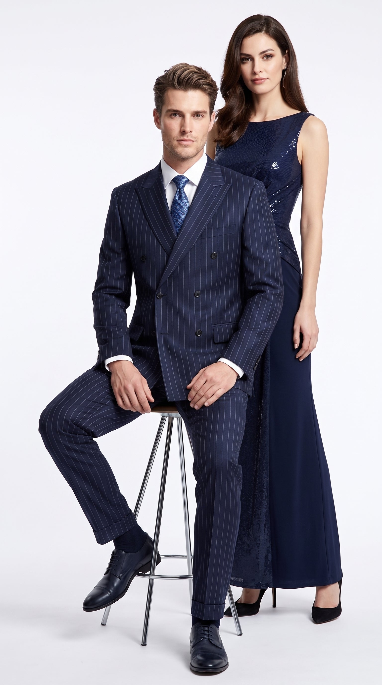 Men’s Dark Navy Blue Double Breasted Pinstripe Suit, Side Vent Jacket with Pleated Pants