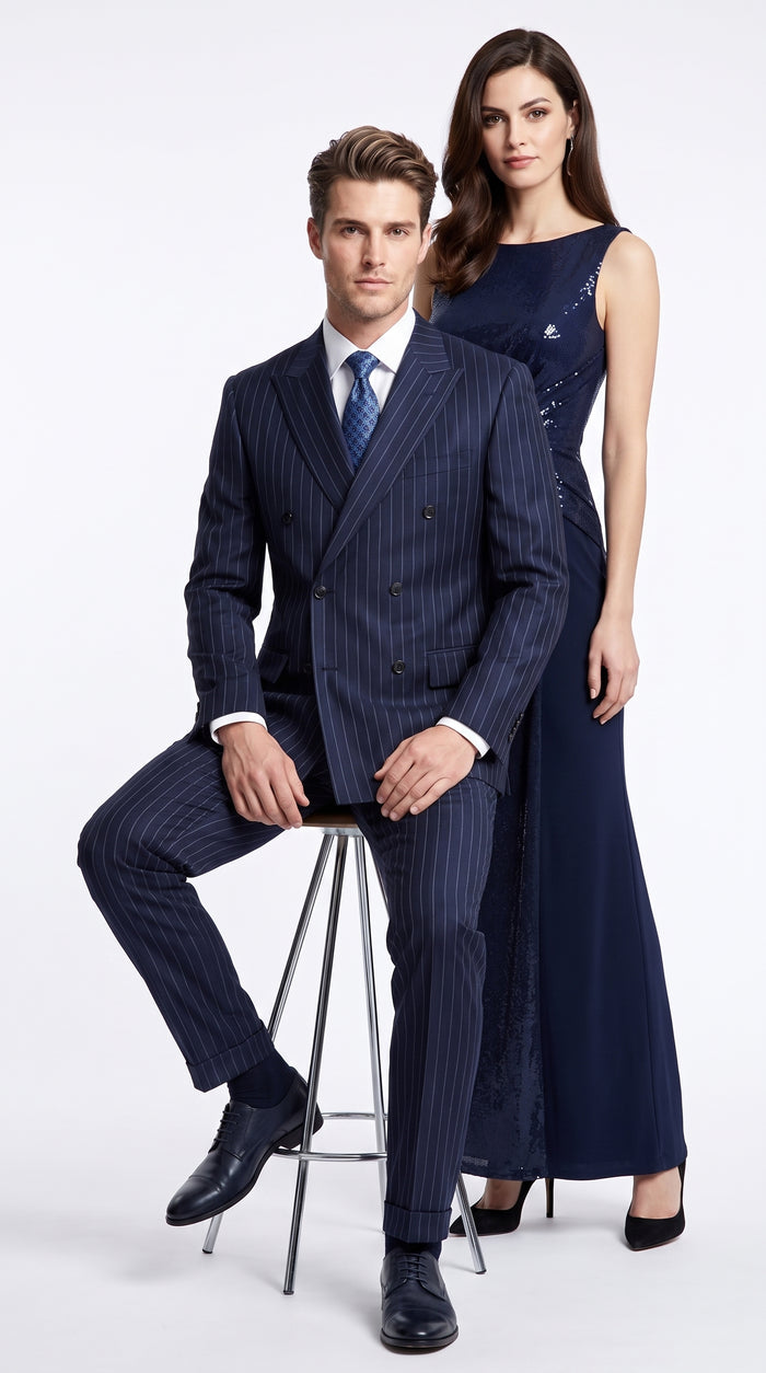 Men’s Dark Navy Blue Double Breasted Pinstripe Suit, Side Vent Jacket with Pleated Pants