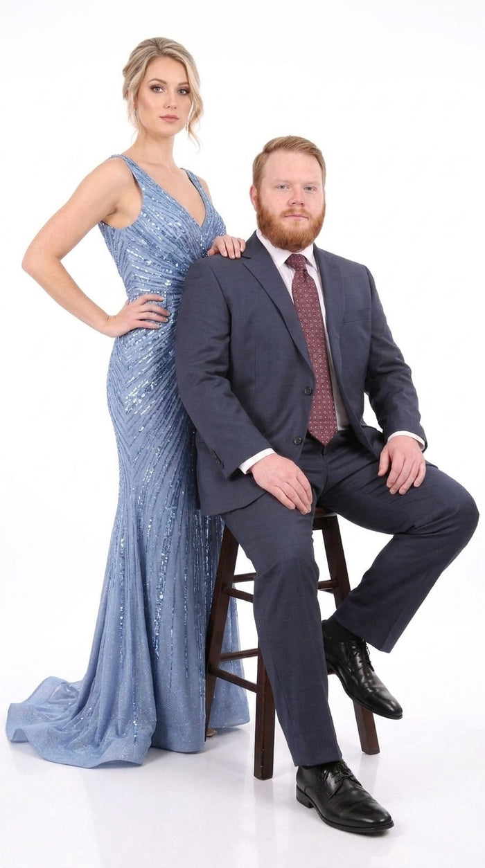 Men’s Heather Blue Portly Fit Suit, Big Size Formal Wedding Business Dress Suit
