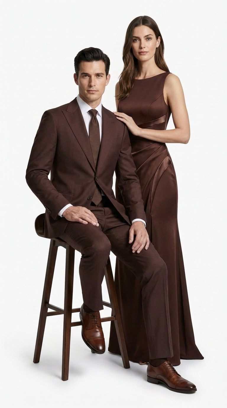 Statement Men’s Brown 2 Piece Wool Suit, Modern Fit Formal Wedding Business Suit with Pic Stitching