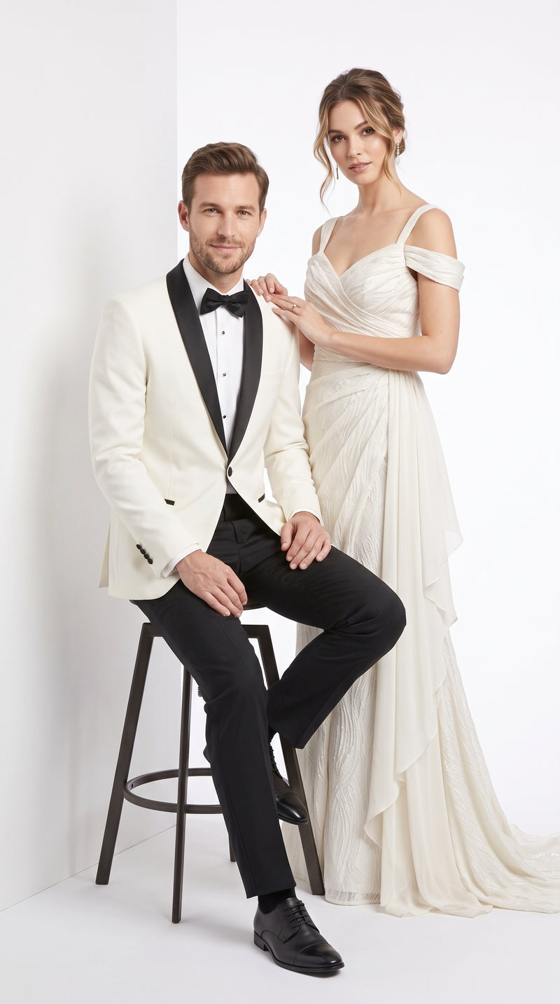Men’s Designer Ivory and Black Satin Shawl Dinner Jacket, Formal Tuxedo Evening Jacket
