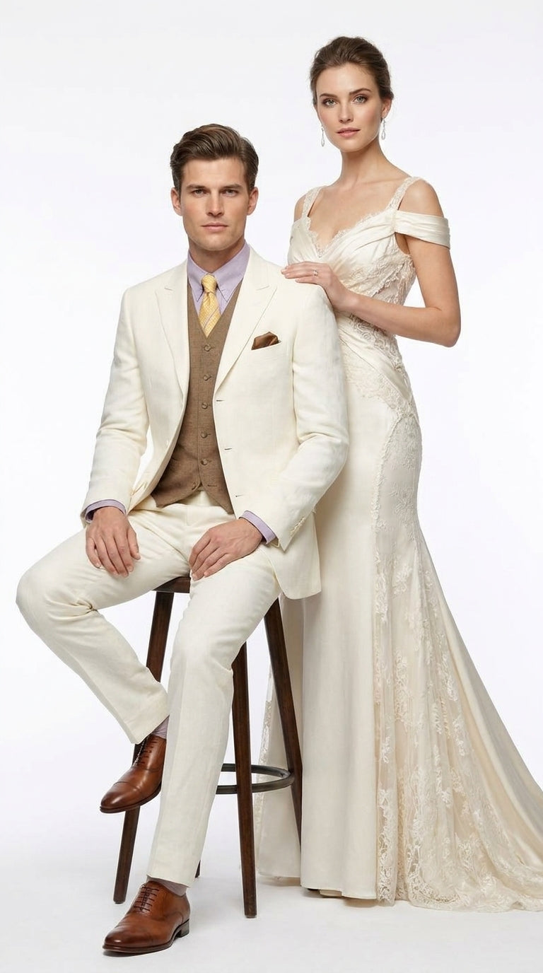 Men’s Off White Great Gatsby Suit, Leonardo DiCaprio Inspired 1920s Wedding Prom Dress Suit