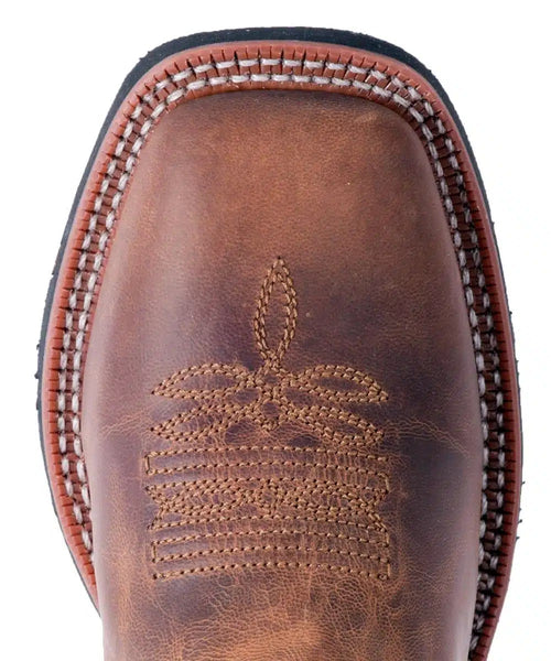 Laredo Anita women's boot: Brown leather, broad square toe, decorative stitching. Features a sturdy rubber sole and slight heel for elevation.
