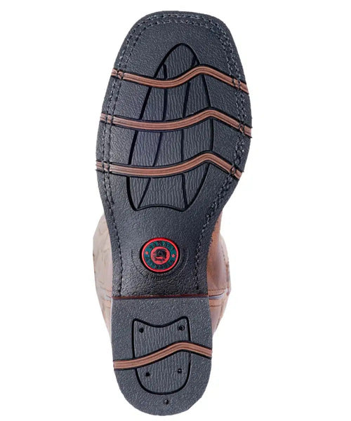 Laredo Women's Anita boot: Black rubber outsole with tread & light brown accents. Durable materials, circular logo. Blends functionality with style.
