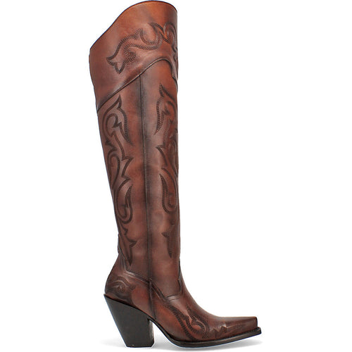 Dan Post Seductress Chestnut boots: Tall, brown leather with intricate stitching and a snip toe. Features a snug fit, high heel, and side zipper. Rich chestnut color enhances the fitted silhouette.
