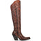 Dan Post Seductress Chestnut boots: Tall, brown leather with intricate stitching and a snip toe. Features a snug fit, high heel, and side zipper. Rich chestnut color enhances the fitted silhouette.
