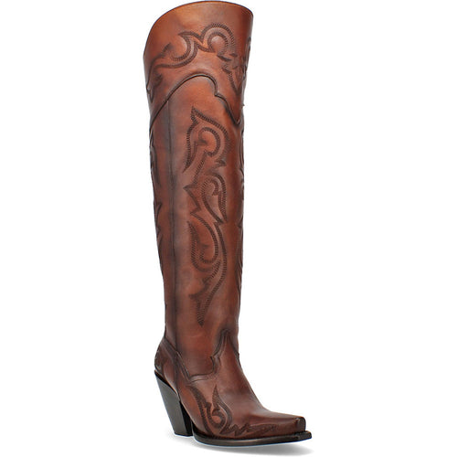 Dan Post Seductress boots: Tall, chestnut leather with a snip toe, embossed patterns, and a fitted calf. Features a side zipper and stacked heel for easy wear.

