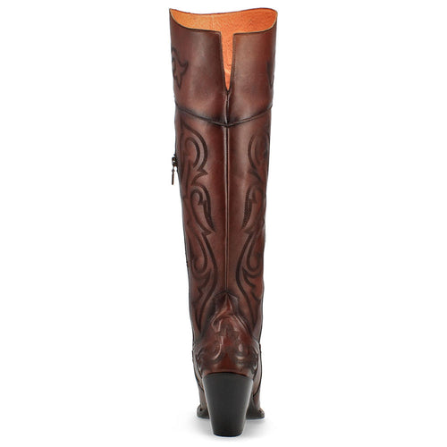 Dan Post Women's Seductress boot in Chestnut. Dark brown leather with stitching, snip toe, mid-calf height, and side zipper. Features a 2" block heel and a lighter brown interior.