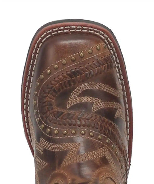 Laredo Women's Charli boot: Pointed toe, brown leather, intricate stitching, and metal studs. Slightly raised heel, tan sole strap.
