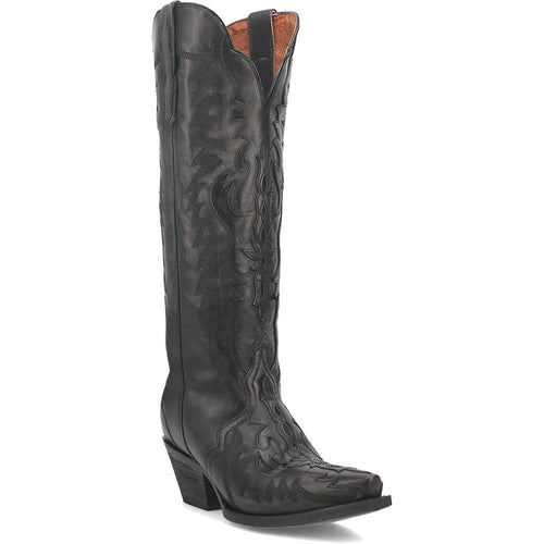 Dan Post Hallie Black cowboy boots. Women's leather boots with a 15" tall, black shaft featuring decorative stitching. Snip toe, low stacked heel, and contrasting tan lining.