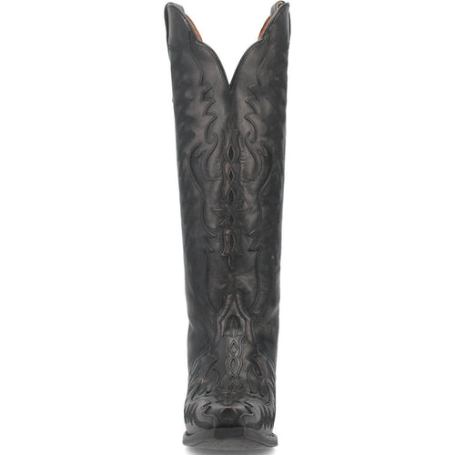 Dan Post Hallie Black cowboy boots: 15" tall with stitched black leather shaft, snip toe, and flat sole. Features a stylish V-cut collar for a classic western look.