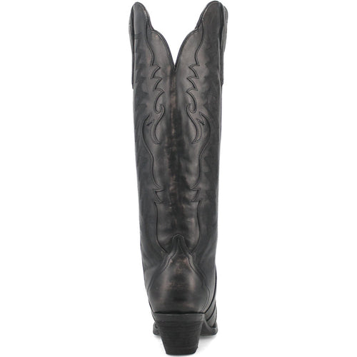 Dan Post Hallie black women's cowboy boot. 15" tall, snip toe, and medium width. Features decorative stitching on a leather shaft, with a streamlined, classic design and elevated heel.