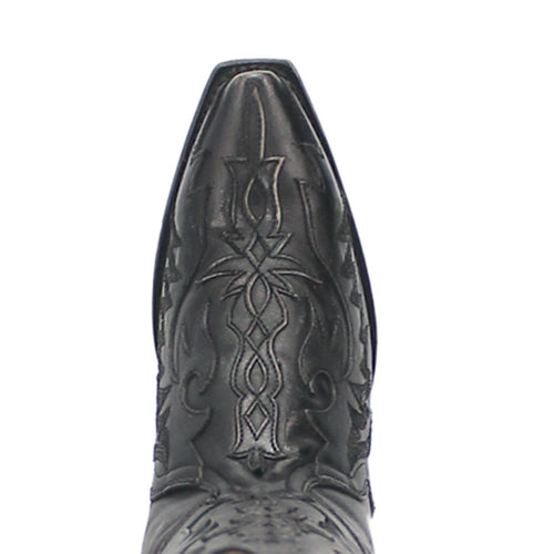 Dan Post Hallie black women's cowboy boots. 15" height, snip toe, and medium width. Features intricate stitched patterns on a black leather upper.