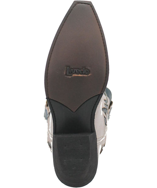 Laredo Women's Keyla boot: pointed toe, stacked heel with cut-out. Metallic leather upper, rubber sole. Stylish and unique design.
