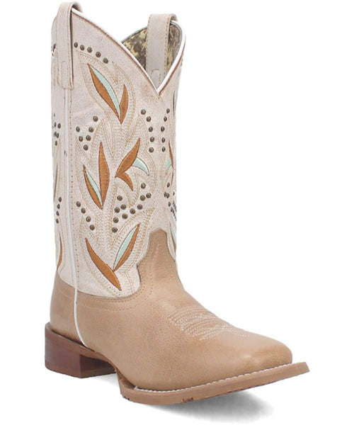 Laredo Lydia women's boot: tan leather, cream embroidered shaft with leaf patterns & blue/brown accents. Stacked heel, pointed toe, decorative stitching, and studs enhance the Western design.
