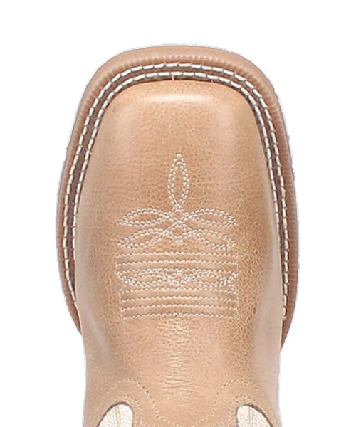 Laredo women's Lydia boot. Tan leather upper with textured finish, square toe, and decorative white stitching. Embossed floral toe design. Layered sole with contrasting stitching.
