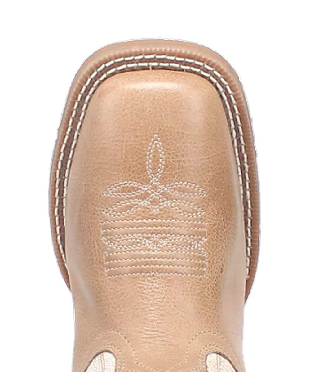 Laredo women's Lydia boot. Tan leather upper with textured finish, square toe, and decorative white stitching. Embossed floral toe design. Layered sole with contrasting stitching.
