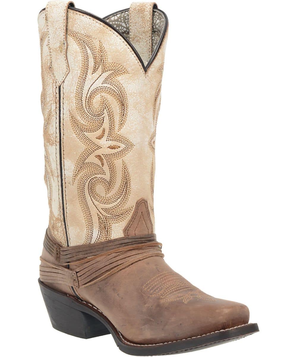 Laredo Women's Myra Boot: Tan leather, decorative stitching, pointed toe, stacked heel. Slightly taller shaft with side pull tabs for easy wear.
