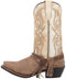 Laredo Women's Myra Boot: Pointed toe, curved heel. Dark boot body with light embroidery. Tan/brown lower, cream upper. Leather ankle band with fringe detailing.

