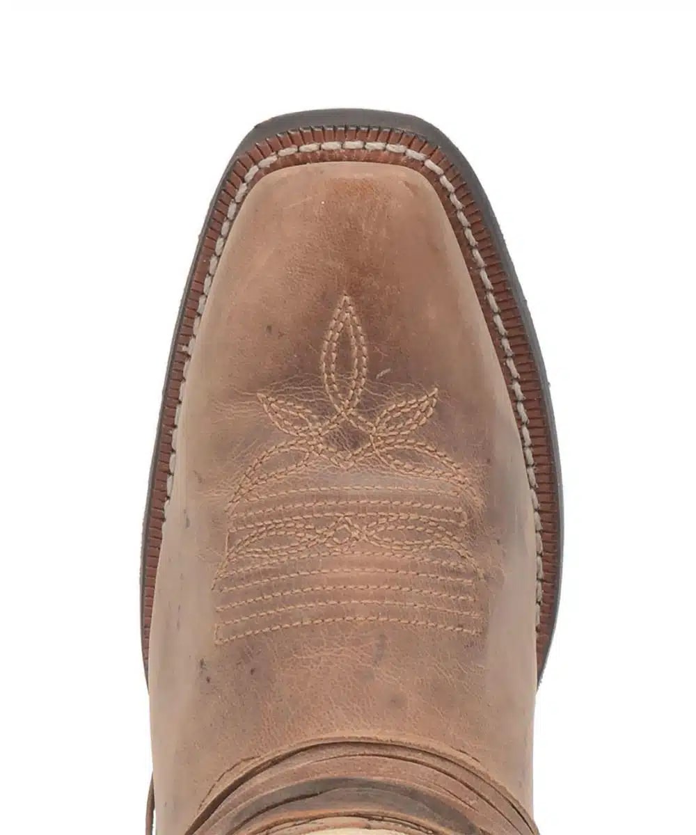 Laredo Myra women's boot: Light brown leather upper with square toe & decorative stitching. Darker sole creates contrast.
