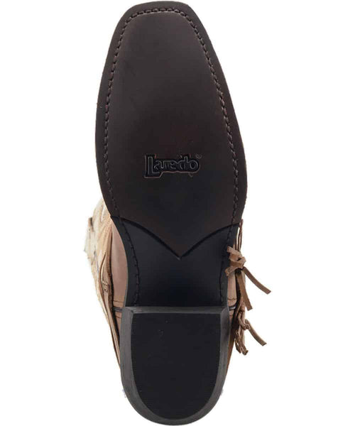 Laredo Myra women's boot: light brown suede, rounded toe, slight heel, Western silhouette. Features side fringe detail and a durable rubber sole. Lined for comfort.
