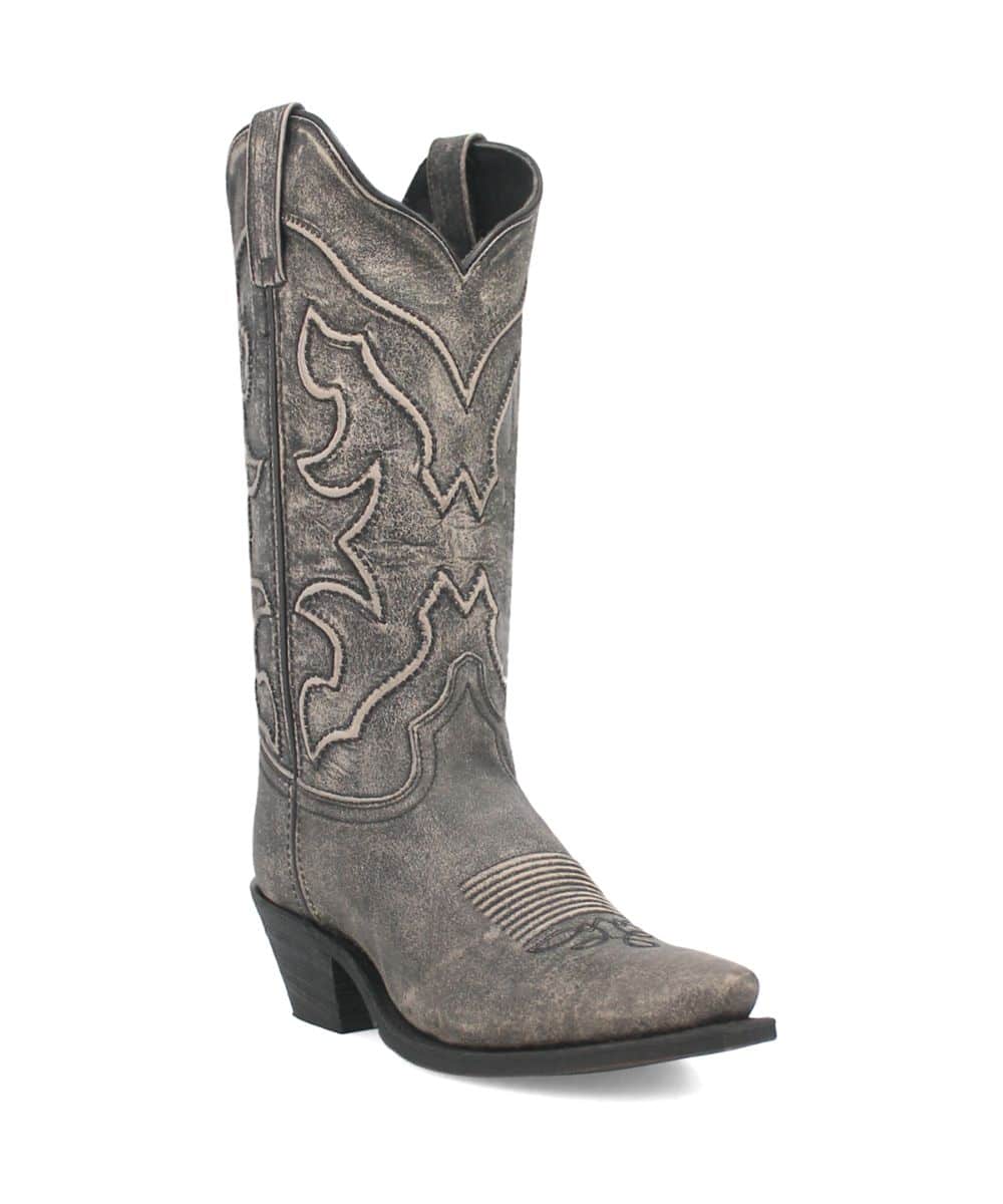 Laredo women's black Reva boot. Tall, tapered shaft with Western stitching. Pointed toe, low block heel. Textured, leather-like upper and lined interior. Sleek, narrow silhouette.
