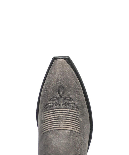 Laredo Women's Black Reva Boot. Pointed toe, stitched front design, and textured dark upper. Black sole. Decorative stitching at top and sides for a unique style.
