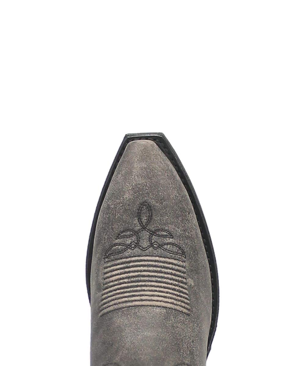 Laredo Women's Black Reva Boot. Pointed toe, stitched front design, and textured dark upper. Black sole. Decorative stitching at top and sides for a unique style.
