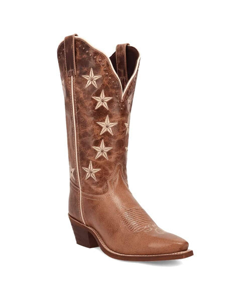Laredo Serenade boot: tall brown leather boot with distressed texture. Pointed toe, slight heel, & scalloped top. Features decorative white star patterns & stitching.
