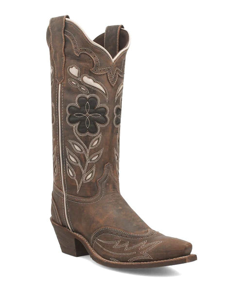 Laredo Zuri women's boot: tall brown leather shaft, pointed toe, stacked heel. Floral/leaf stitching. Scalloped opening, pull tabs.

