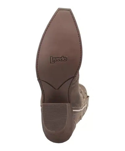 Laredo Zuri boot: pointed toe, medium heel. Smooth outsole with logo. Brown upper with detailed stitching.
