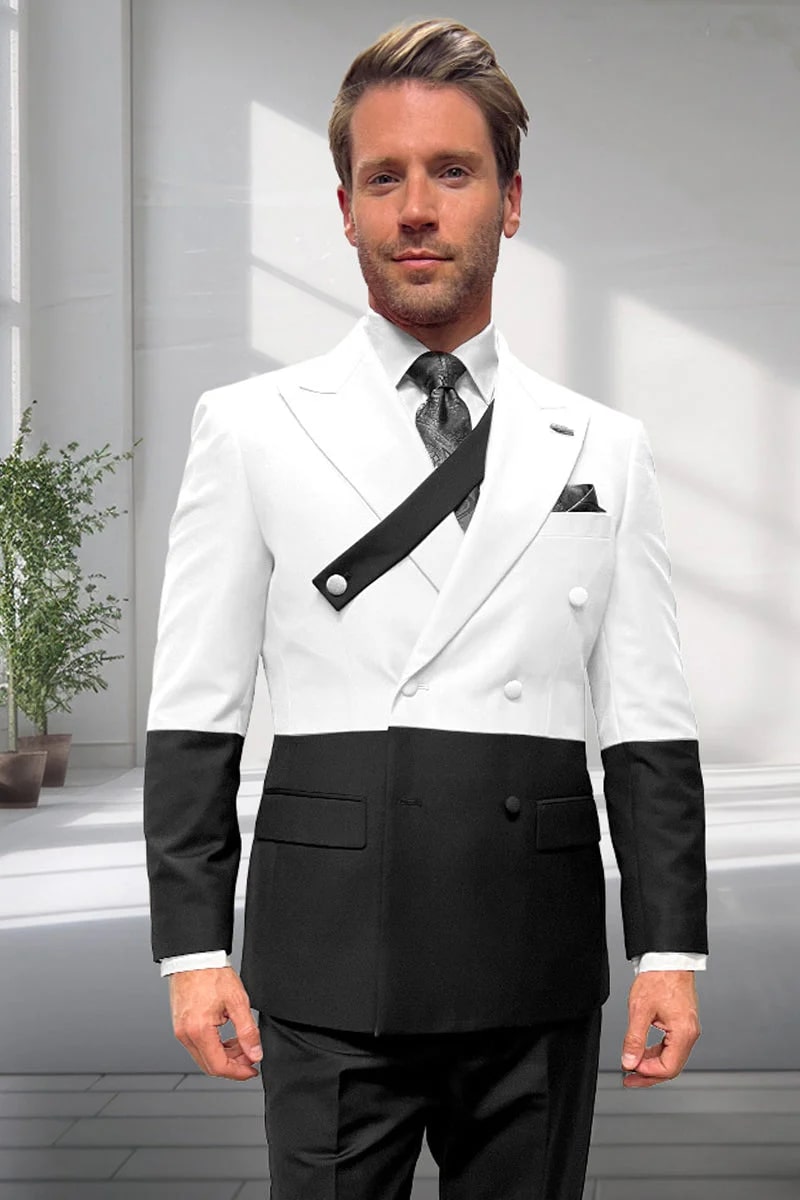 Men's wool designer double-breasted suit. Black & white two-tone. Sleek fit jacket with satin lapel, contrasting panels, and two lower pockets.
