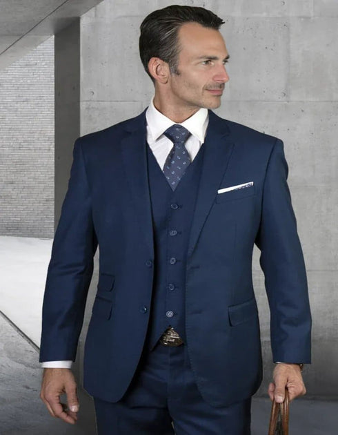 Cobalt Blue Suit - Men's Designer Two Button Modern Fit Vested Basic Wool Sapphire Blue Suit