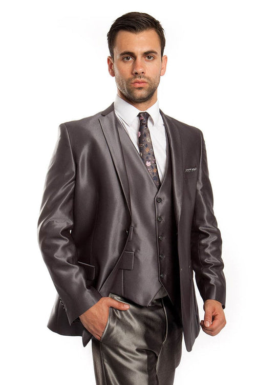 "Charcoal Grey Sharkskin Men's Wedding Suit - Two Button Vested Prom 2025 Fashion"