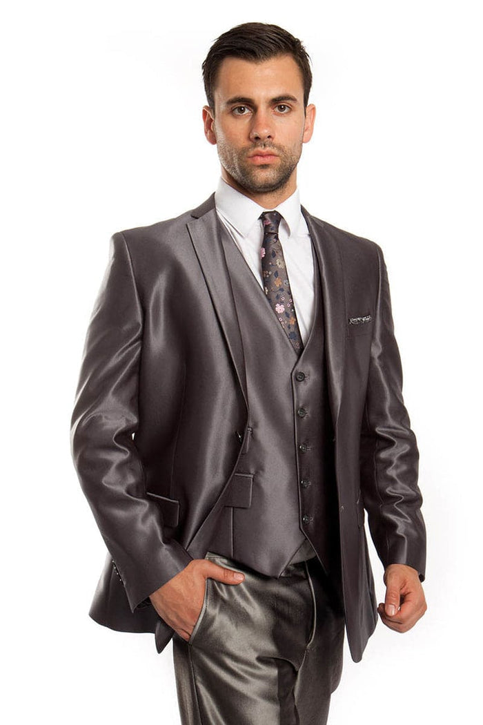 "Charcoal Grey Sharkskin Men's Wedding Suit - Two Button Vested Prom 2026 Fashion"