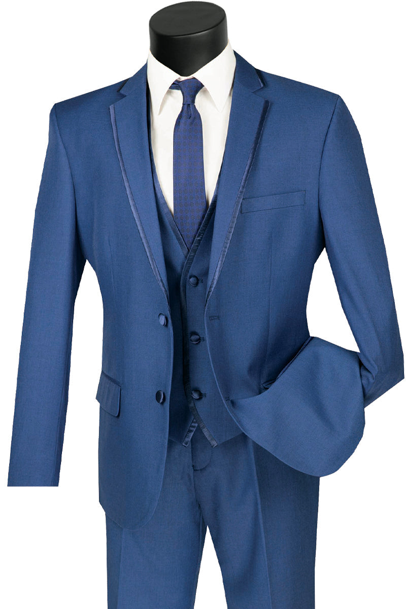 Men’s Slim Vested Suit with Satin Trim in Blue