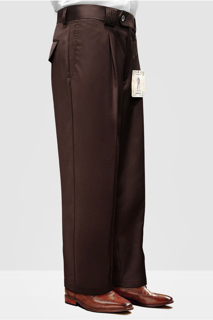 Italian wool wide-leg dress pants in brown. Straight, loose fit with front pleats. Smooth, structured fabric. Tailored cuffs rest above dress shoes, emphasizing the wide silhouette. Features side pockets and a waistband tag.
