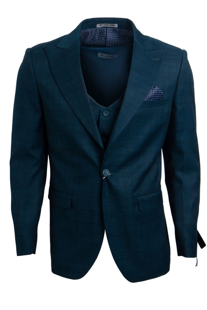 Mens Stacy Adams Suit - Stacy Adams Suit Men's Glen Plaid Suit - One Button Vested Peak Lapel in Blue & Green