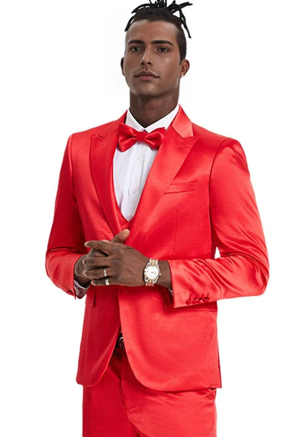 "Red Men's Sharkskin Satin Prom 2025 & Wedding Suit - One Button Vested"