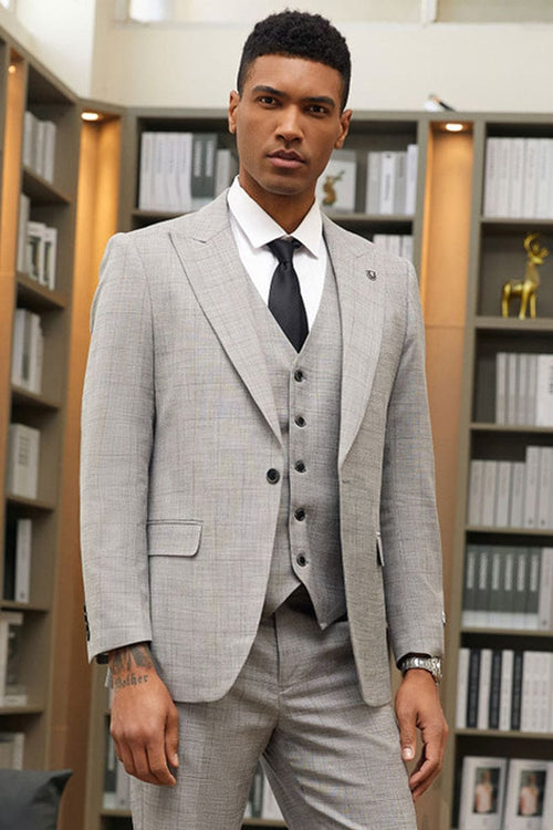 Mens Stacy Adams Suit-Stacy Adam's Suit Men's Grey Windowpane Plaid Suit - One Button, Peak Lapel, Vested