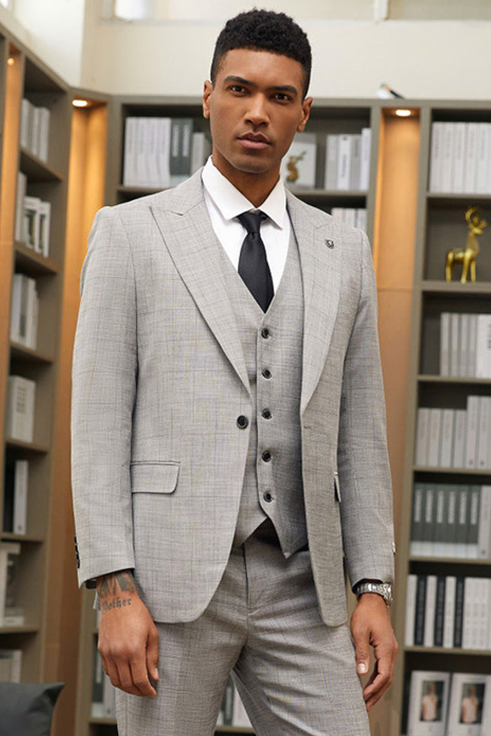 "Mens Stacy Adams Suit-Stacy Adam's Suit Men's Grey Windowpane Plaid Suit - One Button, Peak Lapel, Vested"