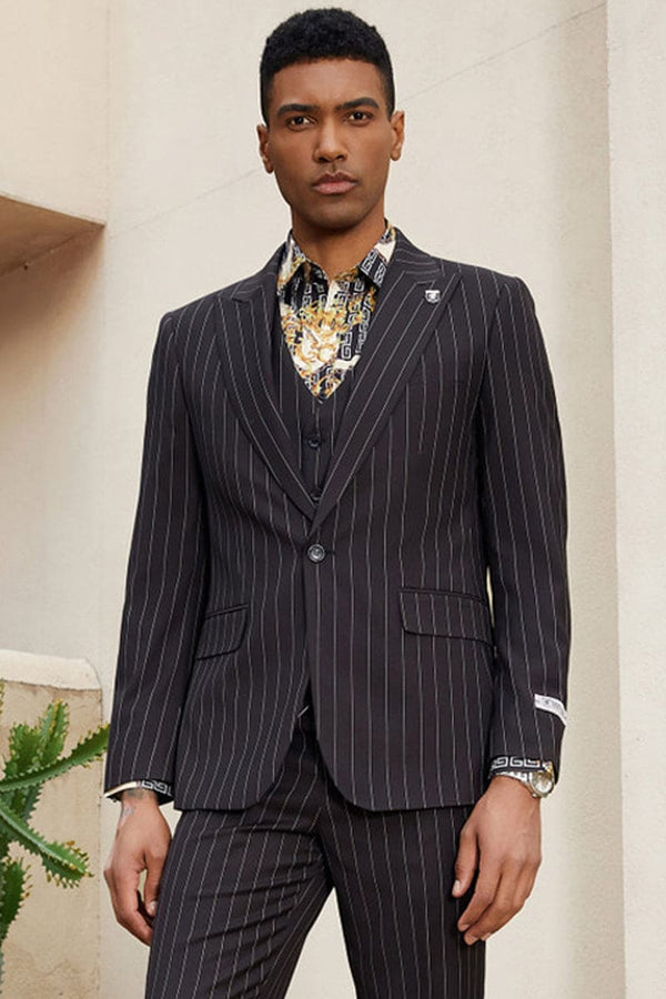 "Mens Stacy Adams Suit -Stacy Adams  Suit Men's Modern Black Pinstripe Vested Suit - One Button"