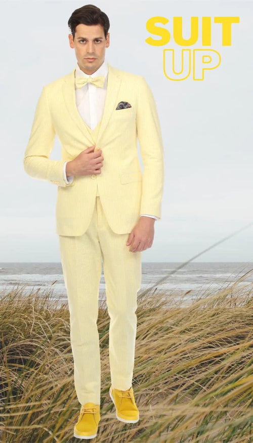 Cotton Slim Fit Yellow Notch Lapel 2 Button Seersucker Suit Vest Optional