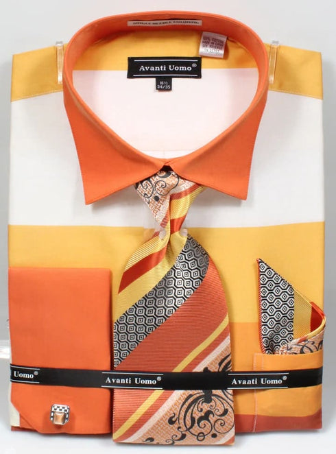 Men's Contrast Collar Wide Horizontal Stripe French Cuff Dress Shirt, Tie, & Hanky Set In Yellow