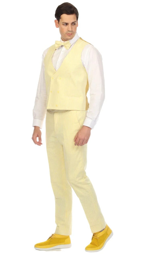 Cotton Slim Fit Yellow Notch Lapel 2 Button Seersucker Suit Vest Optional