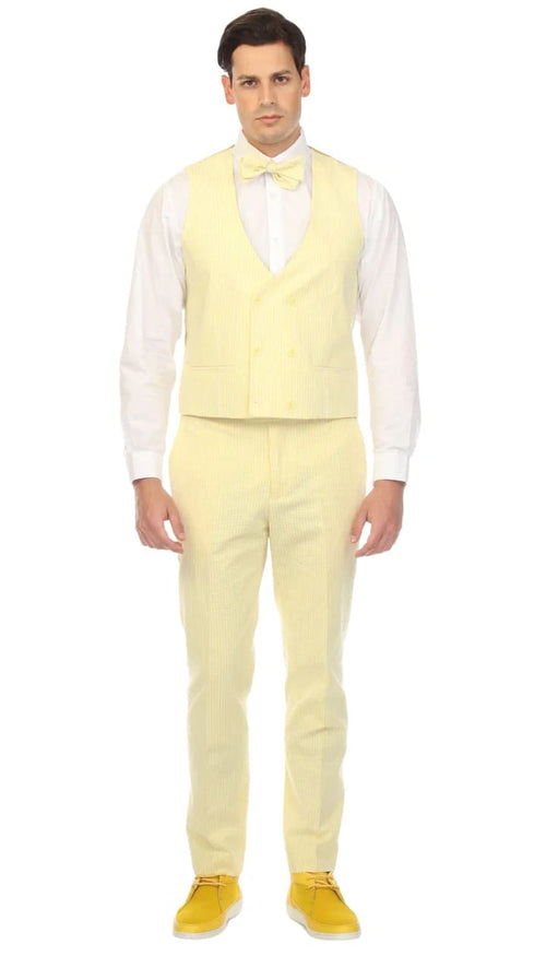 Cotton Slim Fit Yellow Notch Lapel 2 Button Seersucker Suit Vest Optional